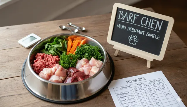 Bol pour chien contenant une ration BARF équilibrée