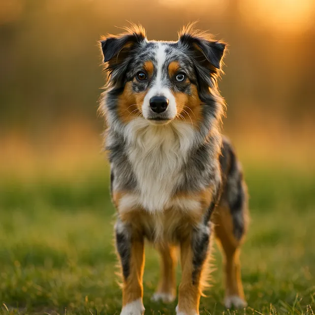 Berger Australien Miniature tricolore assis dans l’herbe