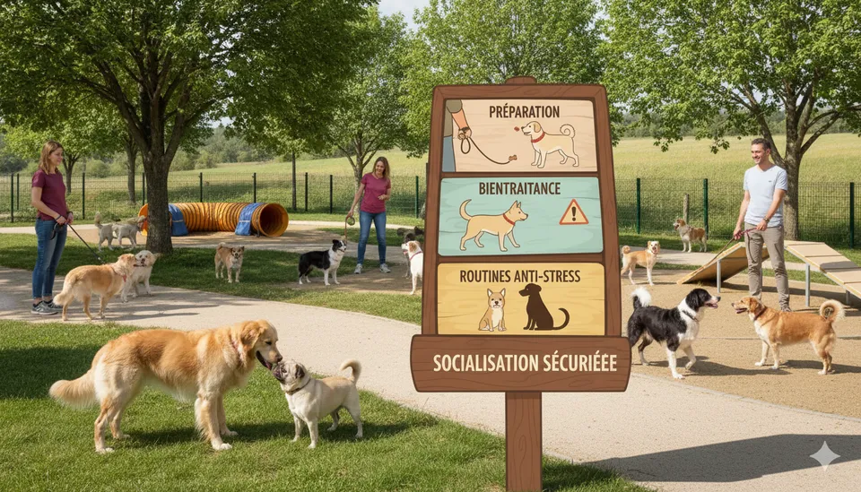 Chien sociable jouant au parc canin avec d’autres chiens
