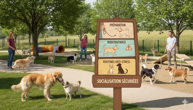 Chien sociable jouant au parc canin avec d’autres chiens